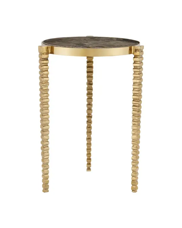 The Corrado combines polished brass legs with rich cappuccino marble for a striking contrast. Its three-legged design and textured knobby legs create visual interest while the natural stone veining adds organic beauty.