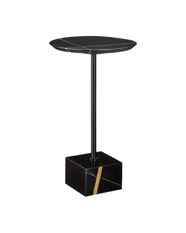 The Prado Drinks Table showcases authentic Nero Saint Laurent marble from Italy, featuring dramatic natural striations in a compact, modern silhouette. Its blocky base and round top connected by a sleek black metal stem create an artful accent piece.