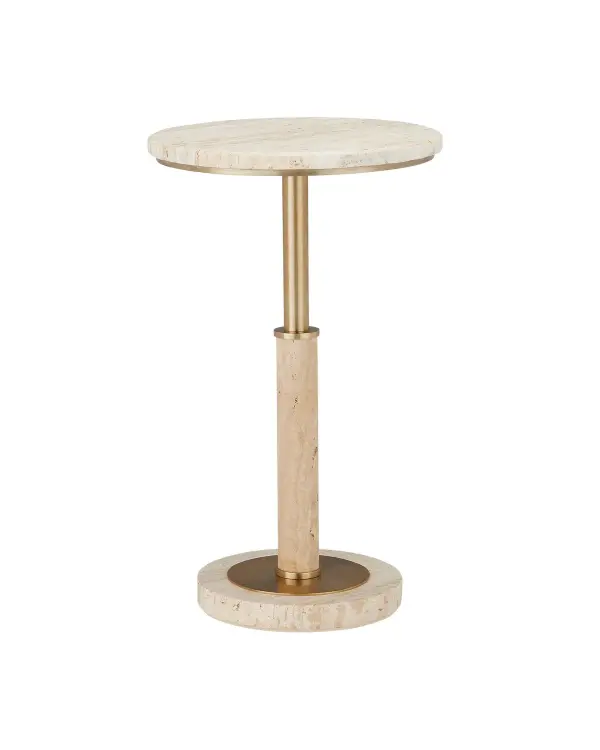 The Miles combines natural travertine with polished brass in a striking telescoping design. The metal column pierces through the stone base, creating visual drama while the warm brass finish complements the stone's natural veining.