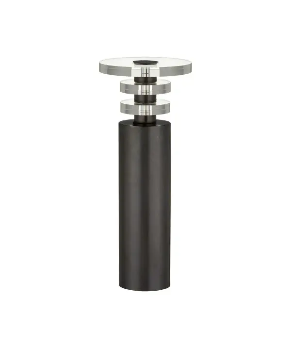 A striking columnar drinks table that combines bronze-finished metal with clear optic crystal discs. The distinctive cap detail and clean geometric profile make it a sophisticated accent piece for modern interiors.