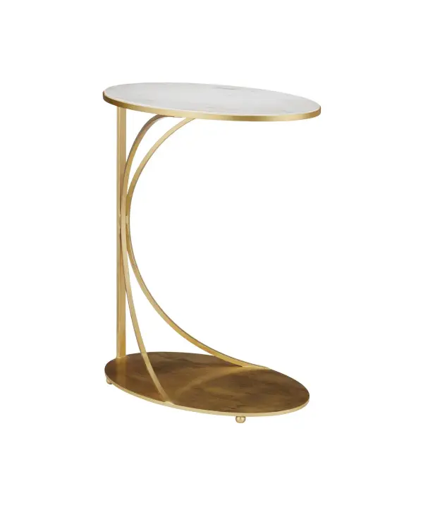 The Orla C Table combines delicate metalwork with luxurious materials. Its cantilever design slides under sofas and chairs, making it ideal for small spaces. The gold leaf finish and white marble top create an upscale look.