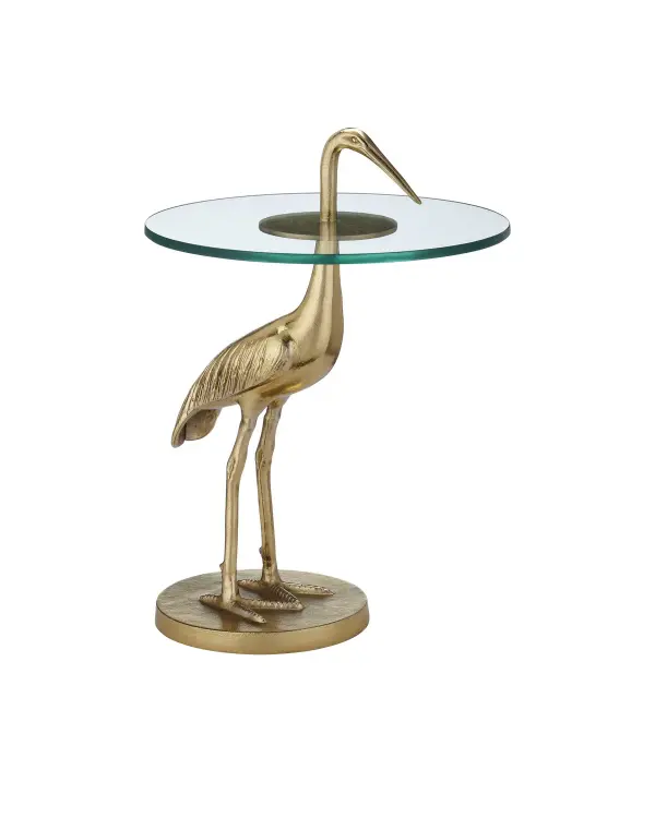 This accent table transforms functional furniture into art with its cast aluminum crane sculpture supporting a glass top. The whimsical design features impressive craftsmanship with the glass cleverly fitted at the bird's neck. Easy assembly and substantial 20-pound weight ensure stability.