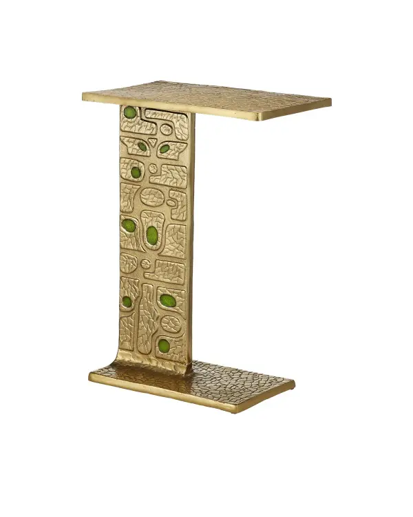 Inspired by a 1940s design, the Beau Monde Gold & Green C Table has textural shapes made of aluminum in a gold finish, ornamented with green enamel lozenges that create a lively pattern along the sides of the pedestal. Inspired by a mirror seen at a French flea market, the gold accent table has the same patterning on its top and base. Collection: Beau Monde Finish: Gold/Green Width: 15.75" Height: 24.00" Length: 10.00" Weight: 17.00 lb Material: Cast Aluminum / Enamel Country of Origin: India Manufacturer Warranty: Warrants products for 1 yr against defects in materials & workmanship