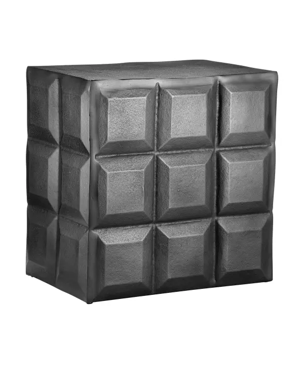 The Bower Side Table makes a striking statement with its cast aluminum construction and geometric column design. The stippled black nickel finish adds textural depth while maintaining a sophisticated matte appearance.