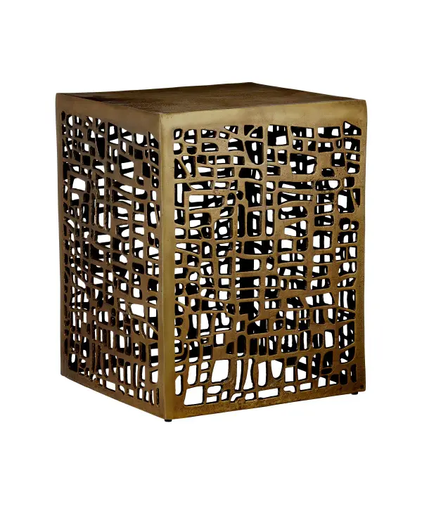 The Gowen Accent Table is a striking sculptural piece featuring abstract brutalist patterns in cast aluminum with an antique brass finish. Its compact 16-inch square footprint and artistic surface texture make it a conversation-starting accent.