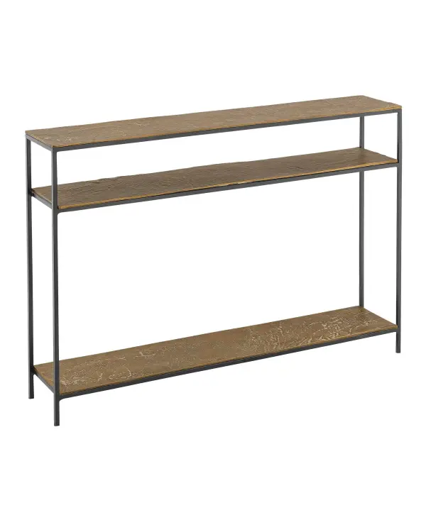 A space-saving console table that combines antique brass aluminum shelving with black iron legs. The narrow 8-inch depth makes it perfect for tight spaces while the cerused finish adds visual texture and character.