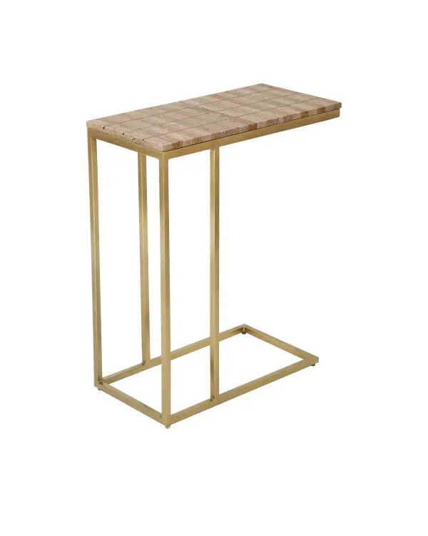 The Dezi C Table combines natural travertine tiles with brass inlay in a striking geometric pattern. Its cantilevered design maximizes functionality in tight spaces while the interplay of warm stone and metallic accents adds visual interest.