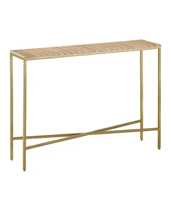 The Dezi Console Table combines natural travertine tiles with brass inlay in a striking geometric pattern. Clean-lined iron legs with an X-stretcher provide sturdy support while maintaining visual lightness. A statement piece that bridges traditional materials with contemporary design.