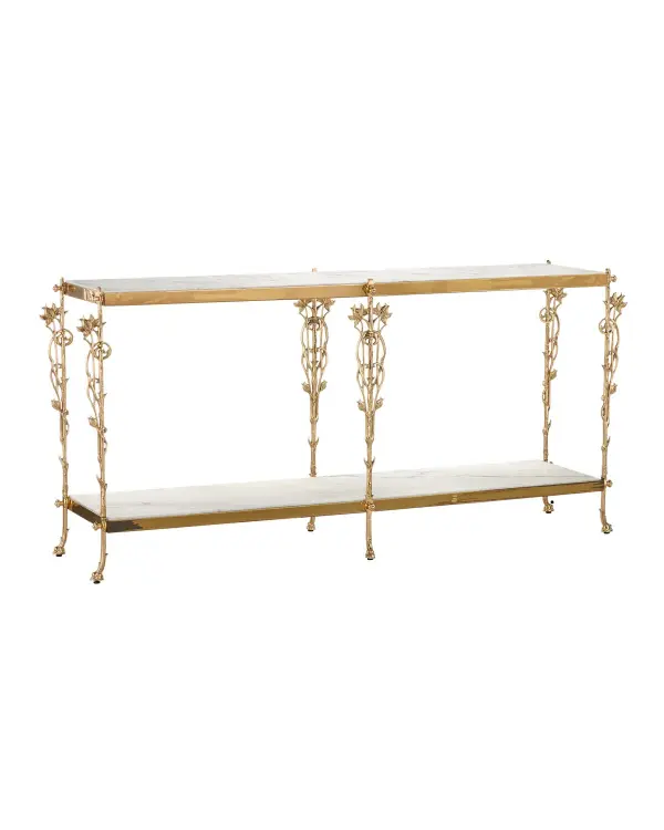 The Fiore Console Table combines Old World craftsmanship with contemporary elegance. Its polished brass legs feature flowing floral motifs that rise toward a pristine white marble top, creating a sophisticated focal point for any entryway or living space.