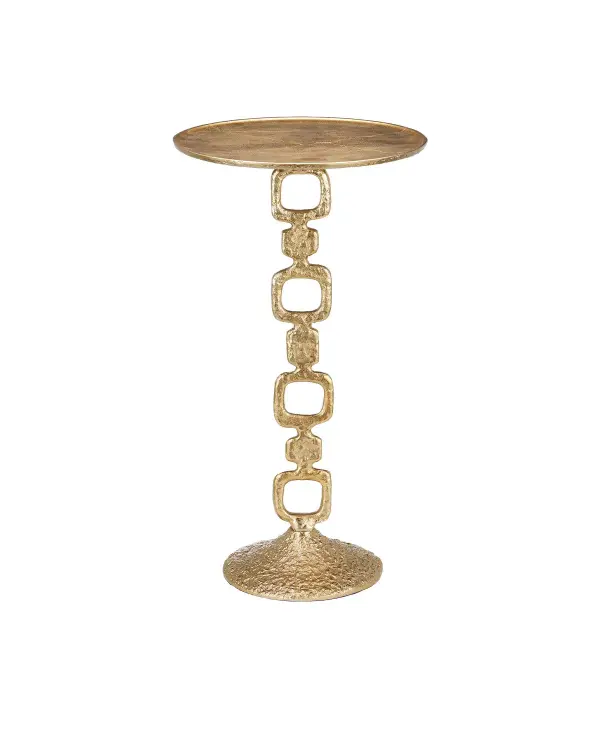 A distinctive small-scale drinks table featuring cast aluminum construction with a jewelry chain motif in brutalist styling. The artisanal casting process creates unique textural variations, while the substantial weight belies its compact 12-inch footprint.