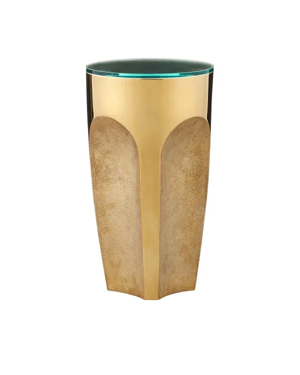 A striking contemporary drinks table that combines polished brass stainless steel with carved textural indentions and a clear tempered glass top. Its compact 12-inch diameter makes it perfect for tight spaces while delivering maximum visual impact.
