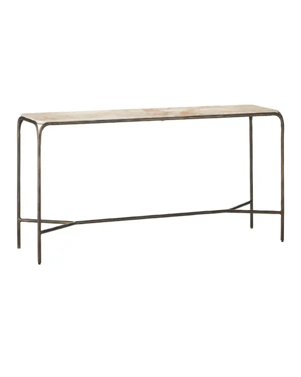 The Crema Console Table masterfully blends industrial design with refined materials. Its hand-forged bronze frame creates visual interest through forked corner details, while the crema marble top adds luxury and durability.
