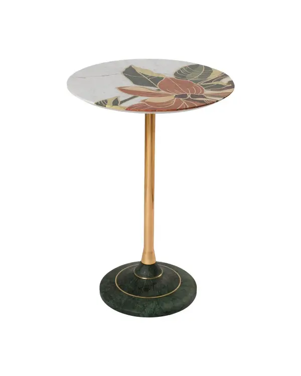 The Roselle combines green and pink marble with Carrara marble and brass accents for a sophisticated, one-of-a-kind look. Its compact 15-inch width makes it ideal for tight spaces while the natural stone variations ensure no two pieces are identical.