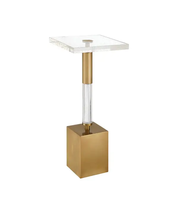 The Desiree Drinks Table combines geometric sophistication with premium materials—antique brass metal, optic crystal, and seeded glass—creating a refined accent piece that catches and reflects light beautifully in any upscale interior.