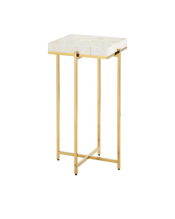 A stunning display of artisanship featuring a hand-laid mother of pearl mosaic top set in a warm brass stainless steel frame. The compact size and radiant materials make it a versatile accent piece that adds sophistication to any space.