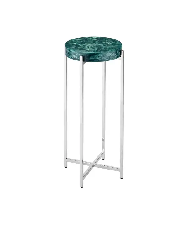 A sophisticated drinks table featuring hand-crafted pearlescent composite top with organic swirl patterns, set in a polished nickel stainless steel frame. The compact 11-inch diameter makes it perfect for tight spaces while delivering maximum visual impact.