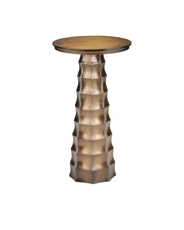 The Gridiron Drinks Table brings architectural sophistication to compact spaces with its fluted pedestal design and warm antique brass finish. Cast aluminum construction ensures durability while maintaining an elegant profile.