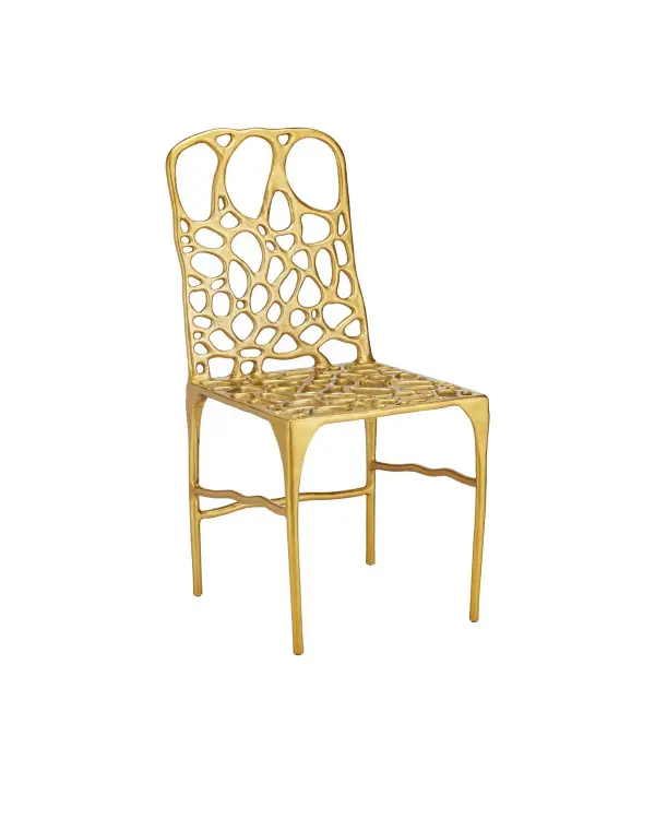 A striking contemporary side chair that doubles as functional art. The organic honeycomb pattern creates visual lightness while the cast aluminum construction ensures durability. The radiant gold finish adds warmth and sophistication to any space.