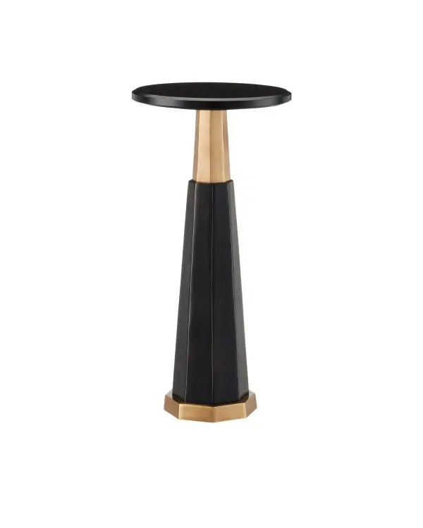 The Gieves Drinks Table combines luxurious materials with refined metalwork. Its polished black granite top and telescoping pedestal with antique brass and bronze finishes create an elegant accent piece perfect for intimate spaces.
