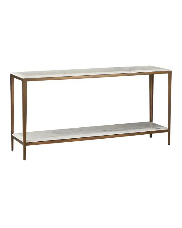 A sophisticated console table featuring white lilac marble with natural veining atop a sleek antique brass frame. The floating shelf design and tapered legs create visual lightness despite substantial construction.