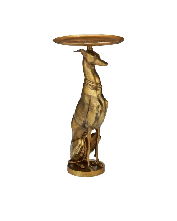 This distinctive accent table transforms a functional piece into a sculptural statement. The cast aluminum greyhound base in warm antique brass finish adds personality and sophistication to any space.