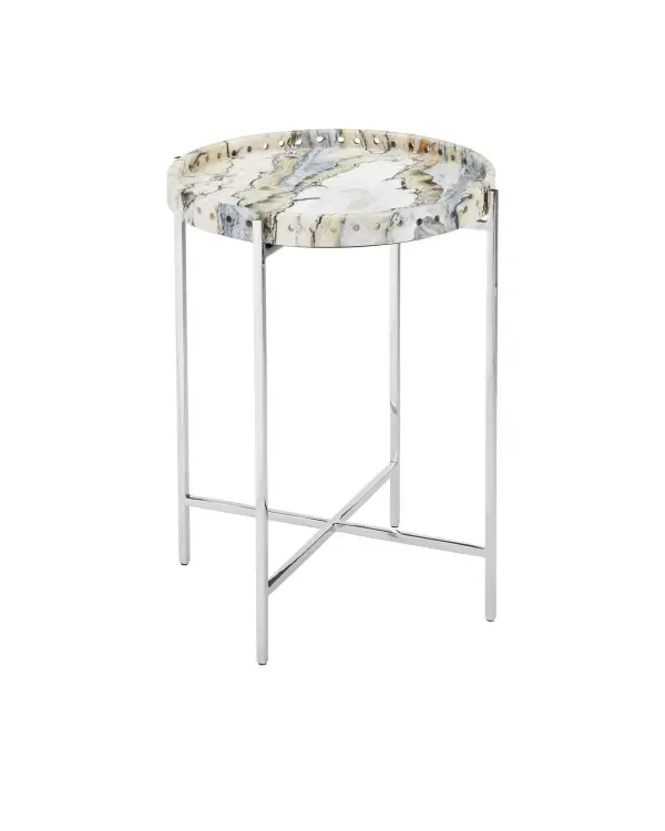 The Freya Accent Table showcases the dramatic beauty of flower jade marble with its unique veining and color variations. The polished nickel base provides a refined contrast to the organic stone, creating a sophisticated focal point for any room.