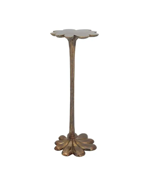 The Schizzo Accent Table brings artistic flair to any space with its organic flower-shaped top and oxidized brass finish. Compact at 10 inches wide, it's perfect for tight corners or as a sculptural accent piece.