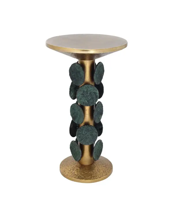 The Nasturtium Accent Table brings nature-inspired elegance with its cast aluminum construction and dual-tone brass finish. At 24.5 inches tall, it's perfectly scaled for beside seating or as a decorative accent piece.