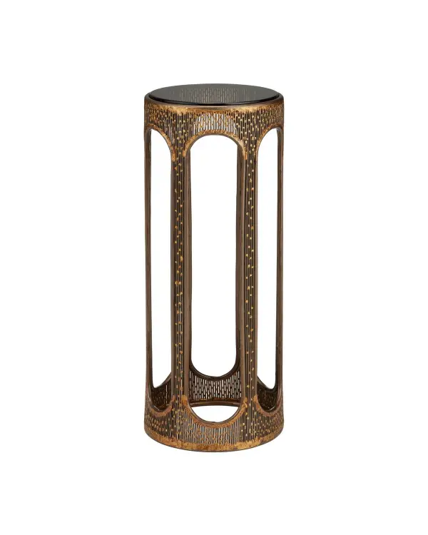 The Capella Accent Table brings sophisticated metalwork to compact spaces. Its coffee bronze finish with smoke undertones and gold highlights creates visual interest, while the filigree design adds an artisanal touch. At 8.5" wide, it's ideal for tight corners or beside seating.