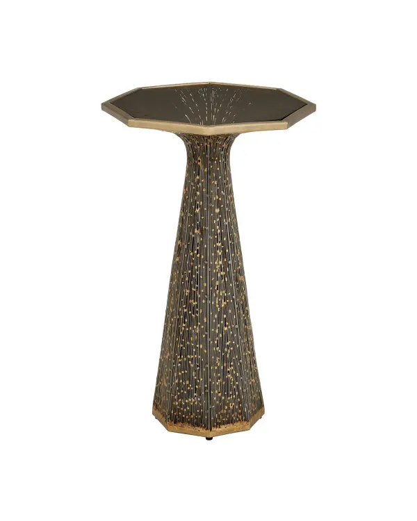 The Castor Accent Table combines traditional filigree metalwork with contemporary bronze and smoke finishes, accented by bright gold highlights. Its compact 14.5-inch footprint makes it ideal for tight spaces.