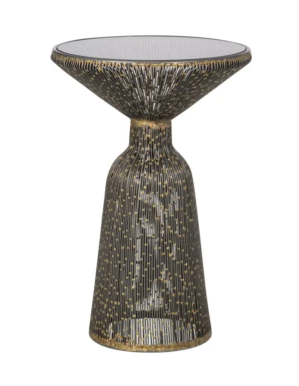 The Canopus Accent Table showcases intricate filigree metalwork in bronze with gold highlights, creating a sophisticated focal point. Its compact footprint and glass top make it ideal for smaller spaces needing decorative storage.