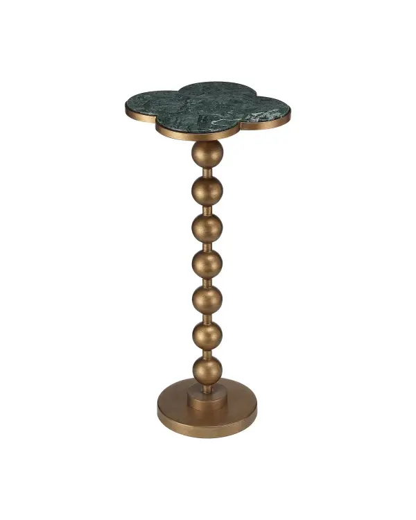 A sophisticated reinvention of the classic Georgian clover table featuring a striking green marble top in a quatrefoil shape, framed by polished brass. The bobbin-turned stem honors traditional design while clean lines bring contemporary appeal.