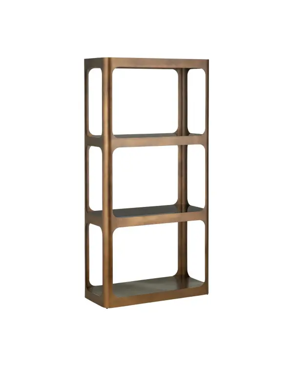 The Scaffale Etagere combines sleek iron construction with smoked glass shelves for a refined, substantial presence. Its rounded frame edges and burnished gold finish create visual warmth without delicacy, making it ideal for contemporary and transitional interiors.