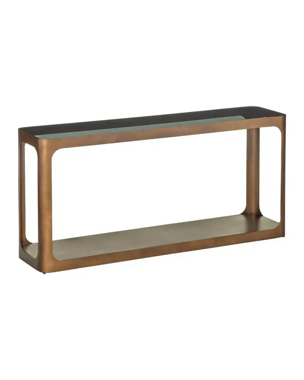 The Scaffale Console Table combines sleek iron construction with smoked glass for a refined, substantial presence. Its rounded frame edges and burnished gold finish create visual interest without appearing delicate.