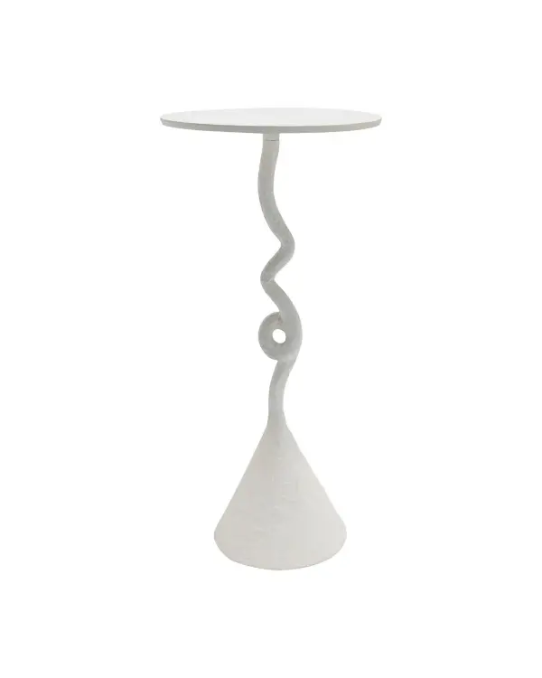 The Cauda drinks table transforms a functional piece into art with its whimsically looped cast aluminum stem. The white gesso finish adds sophisticated texture while the compact 11.75" footprint makes it perfect for tight spaces.