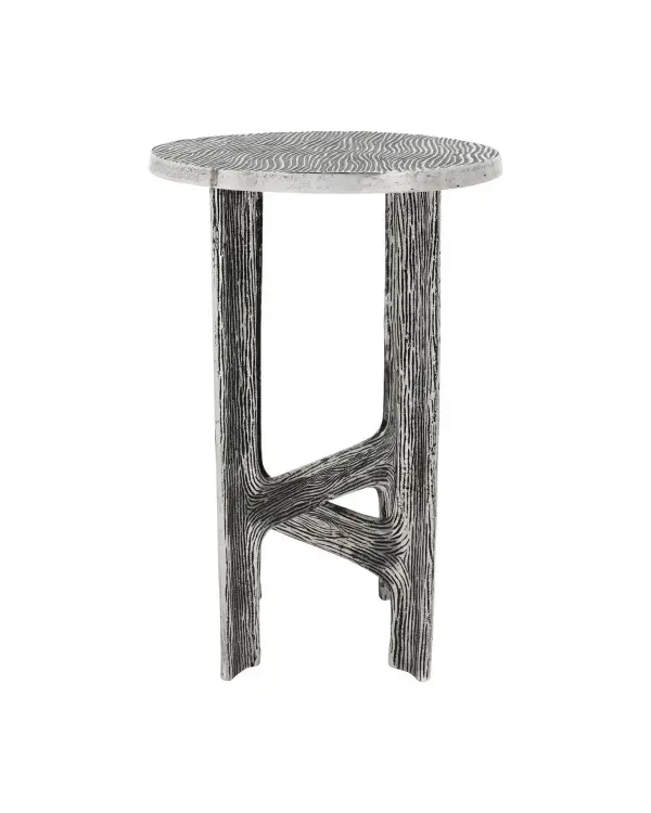 A striking fusion of modern architecture and organic texture, this cast aluminum accent table features a heavily textured wood grain pattern enhanced by an aged antique nickel finish. Its compact 14-inch footprint makes it ideal for tight spaces while delivering substantial visual impact.