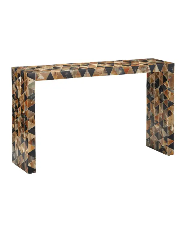 A Hollywood Regency-inspired console table featuring hand-applied tessellated horn and bone in natural neutrals. The Parsons silhouette keeps it refined while exotic materials add textural drama. Each piece is unique due to natural material variations.