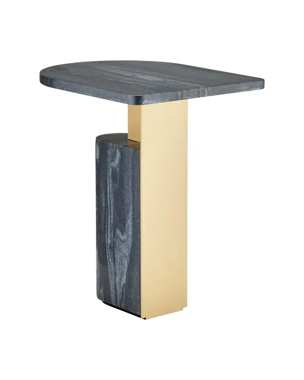 The Aldous blends Bauhaus geometry with Art Deco elegance through its distinctive T-beam silhouette. Bheslana black marble slabs bookend a gold-finished steel frame, creating visual drama in a compact footprint.
