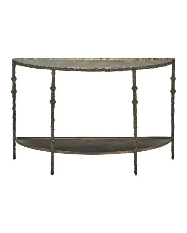 A striking console table that marries traditional turned forms with surreal sculptural texture. The cast aluminum frame features layers of aged brass patina that create dimensional depth, while the antique mirror top adds vintage elegance.