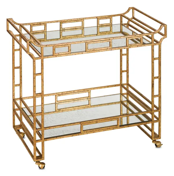 In Seneca Gold Leaf/Light Roche Antique Mirror by Currey and Company from the Odeon Gold Bar Cart collection