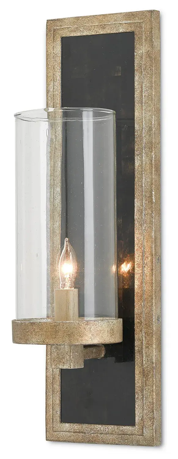 The Charade Wall Sconce combines old-world craftsmanship with contemporary materials. Its antique silver leaf finish and black Penshell crackle inset create visual interest, while the compact 5-inch profile works in tight spaces.