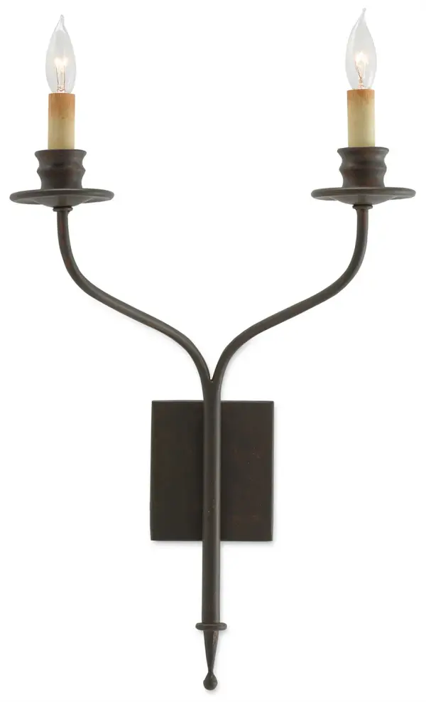 A gracefully curved wall sconce featuring wrought iron construction in a warm bronze gold finish. The slender arc design extends 23.5 inches in height, creating dramatic vertical interest while the delicate frame adds sculptural elegance to any space.