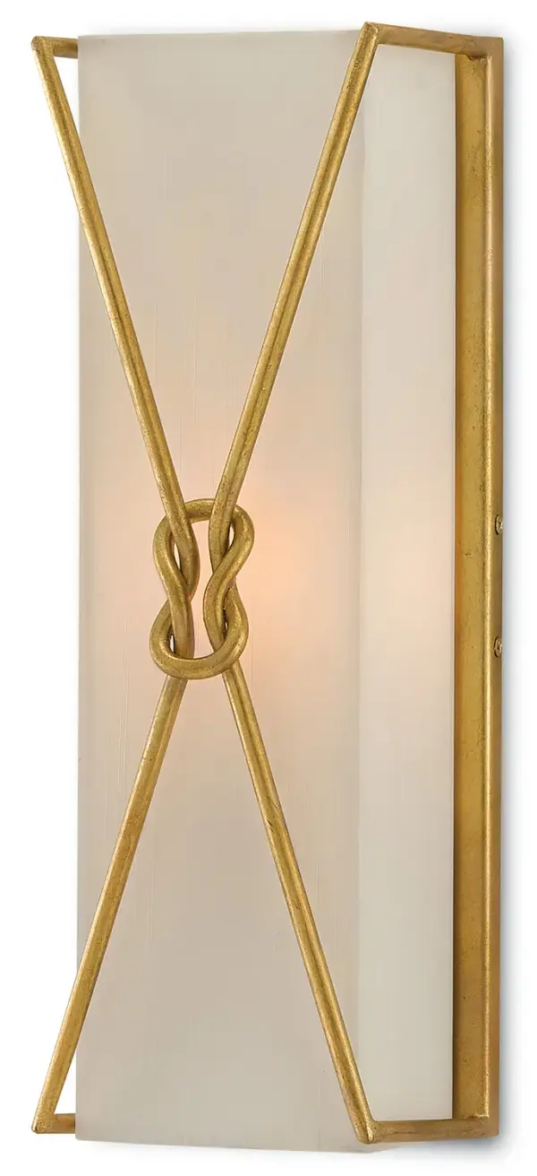 The Ariadne wall sconce features a distinctive looping knot design in contemporary gold leaf finish with a soft shantung shade. Its compact 6-inch width makes it ideal for narrow spaces while delivering sophisticated style.