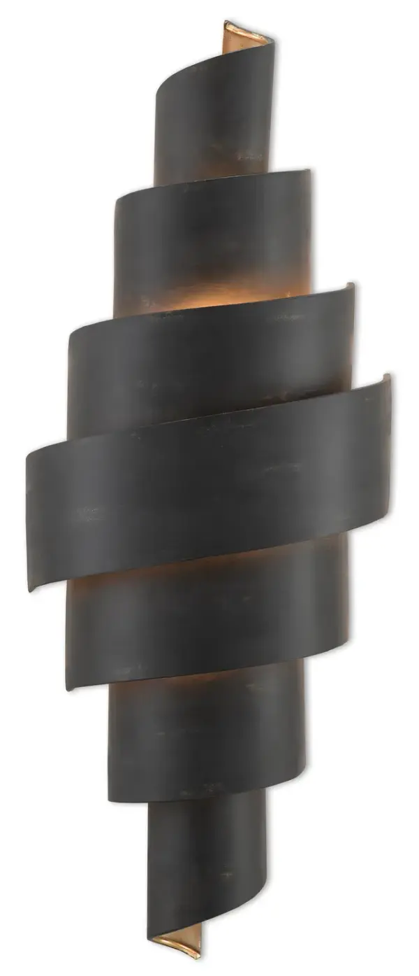 The Chiffonade Wall Sconce combines sculptural elegance with functional lighting. Its flowing wrought iron curves in French black finish create dramatic visual interest, while the painted gold interior reflects warm, inviting light.