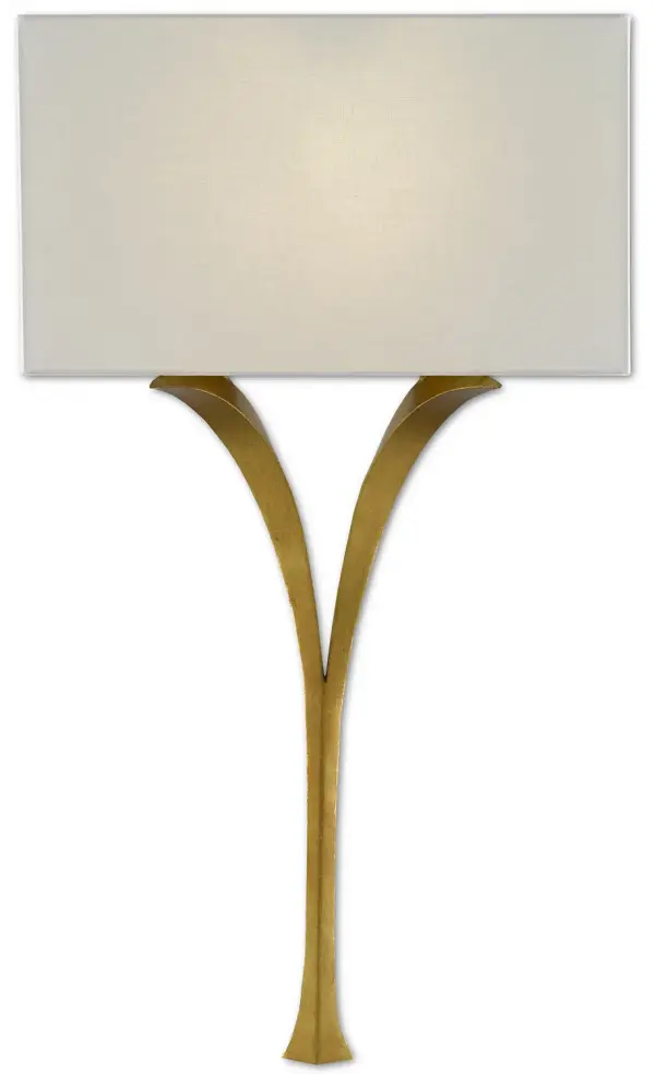 The Choisy Wall Sconce combines traditional elegance with transitional versatility. Its hand-applied antique gold leaf finish and distinctive wishbone silhouette create a sophisticated focal point, while the white linen shade provides soft, diffused illumination.