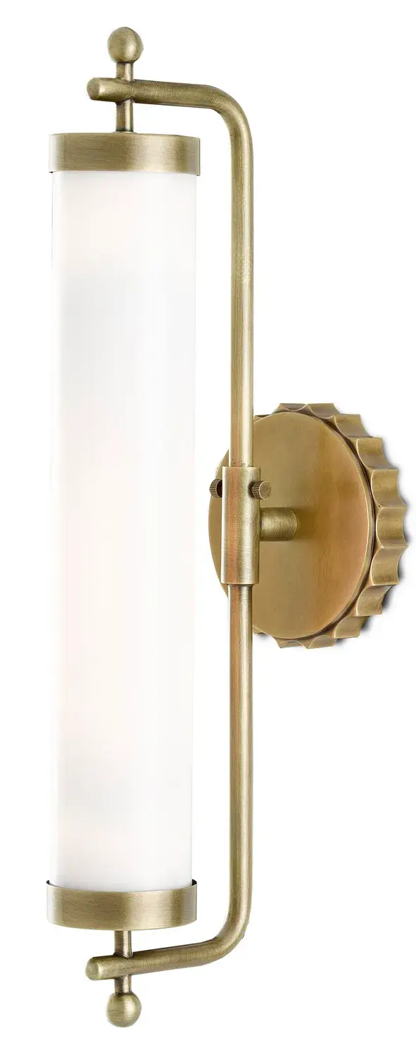 The Latimer wall sconce combines timeless antique brass with a sleek tubular milk-glass shade, delivering warm ambient lighting in a compact profile. Its damp-rated certification and classic design make it versatile for bathrooms and hallways alike.