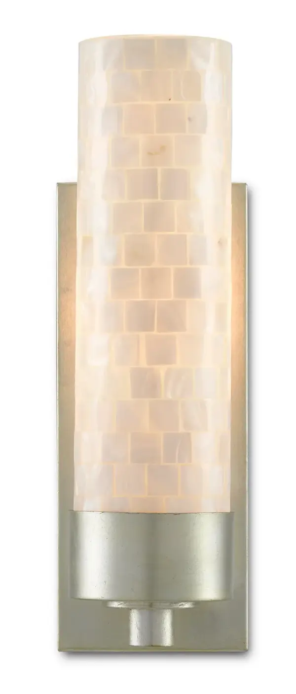 The Abadan Wall Sconce combines natural mother of pearl with polished nickel for a sophisticated, luminous effect. Its compact 5-inch width makes it ideal for hallways and bathrooms where space is limited but style matters.