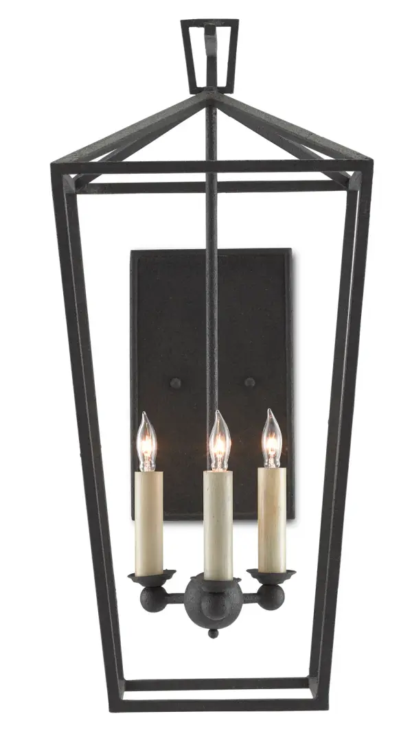 The Denison Wall Sconce combines traditional lantern styling with handcrafted wrought iron in a rich Molé Black finish. Its hammered texture and classic proportions make it versatile for both traditional and farmhouse interiors.