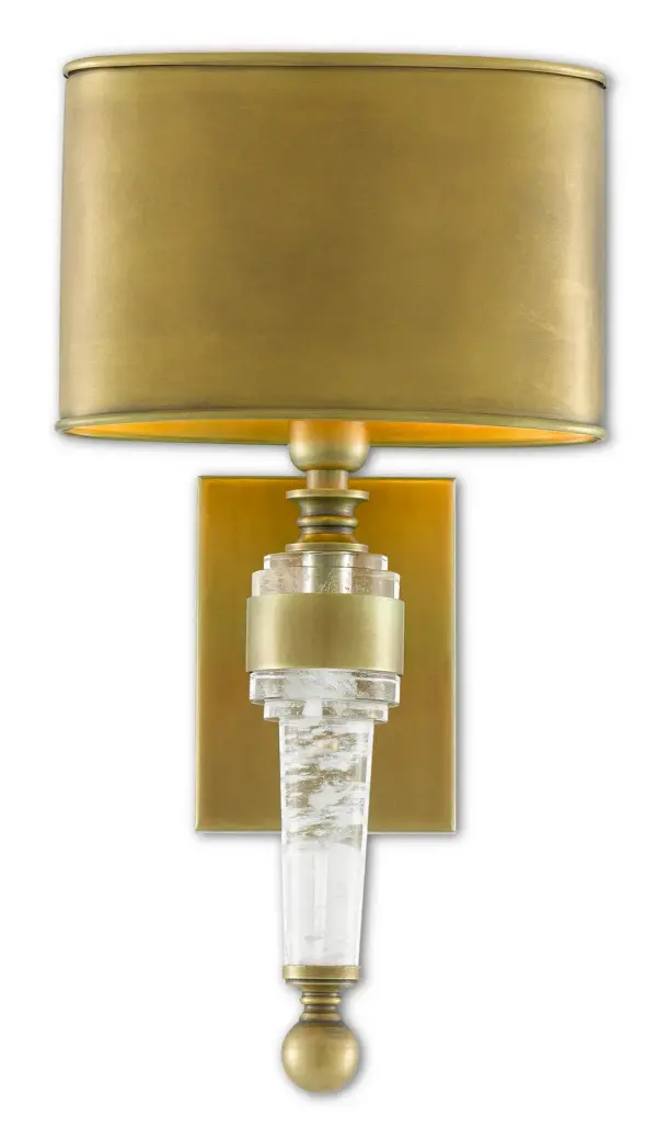 The Lindau Wall Sconce bridges classic and contemporary design with its antique brass finish and faux rock crystal shade featuring cloudy white inclusions. Inspired by traditional libraries and game rooms, this compact fixture adds sophisticated ambiance to intimate spaces.