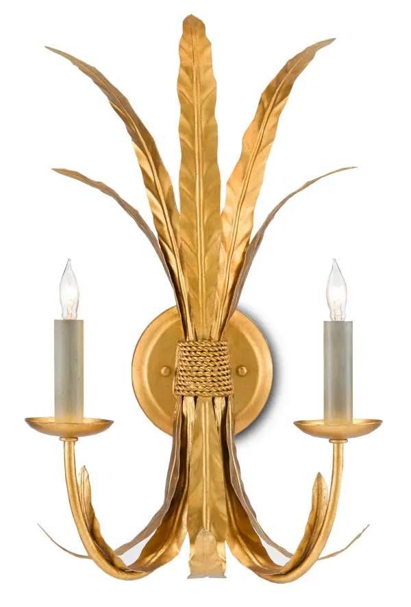 The Bette Wall Sconce brings sophisticated glamour with its hand-applied Grecian gold leaf finish and unique feather ornamentation. Part of the Bunny Williams Collection, this wrought iron fixture offers timeless elegance.